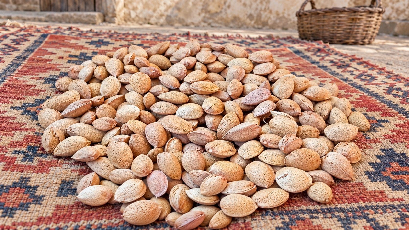 Kilim üzerinde kurumaya serilmiş kabuklu bademler